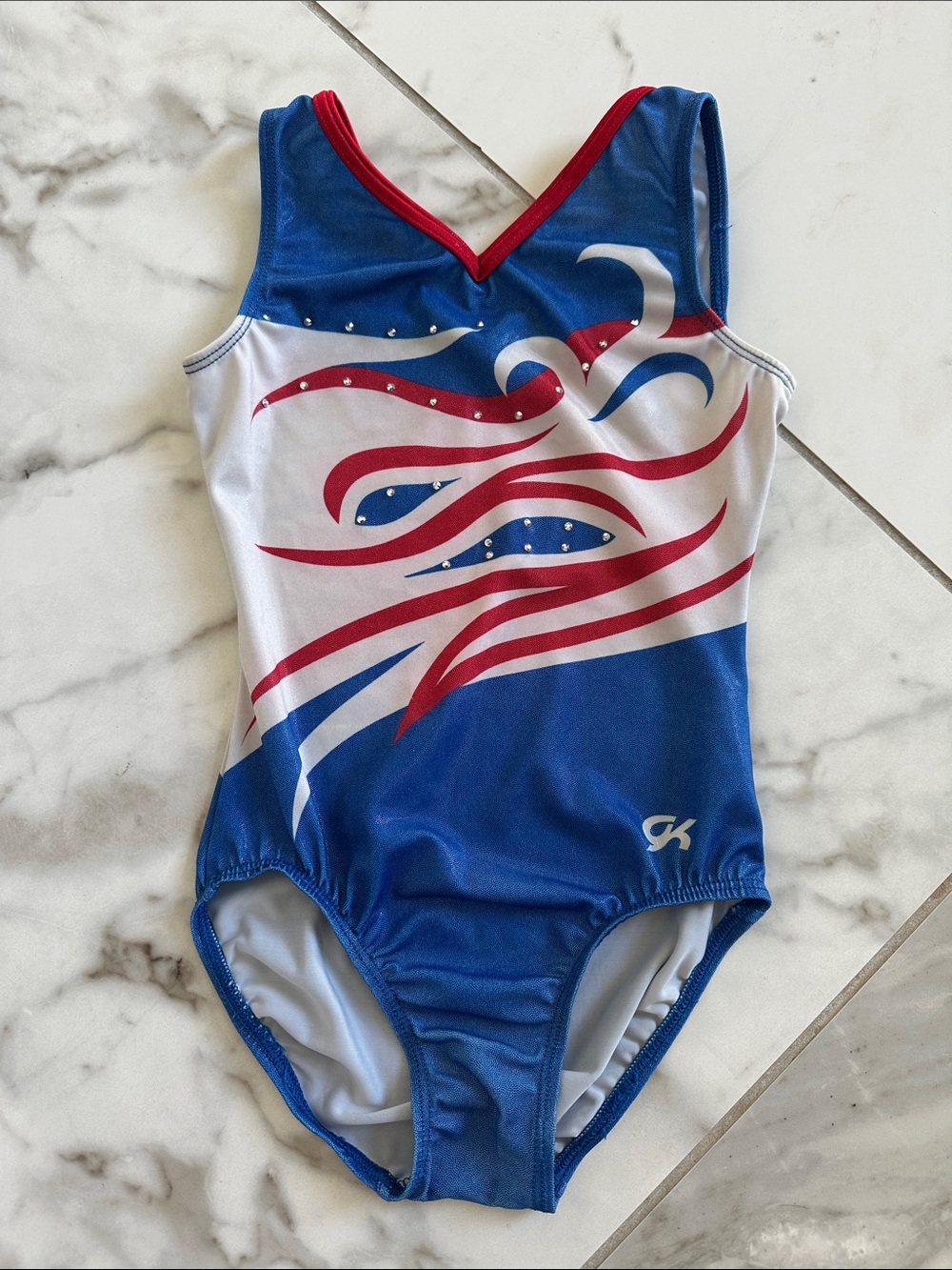 GK Elite Blue, White & Red Wave-Print Girls Gymnastics Leotard